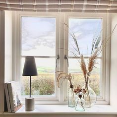 two vases with dried plants sit on a window sill next to a lamp