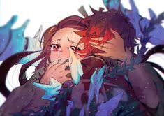 two anime characters are hugging each other in front of blue and purple leaves, with one holding his face to the other's mouth