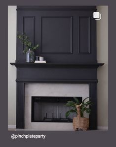 the fireplace is painted black and has a potted plant