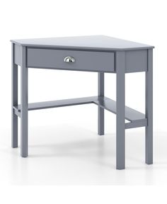 a gray desk with one drawer on the top and two drawers on the bottom, in front of a white background