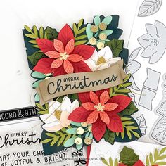 some christmas cards are laying next to each other on a white surface with the words merry christmas and poinsettis