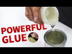 a person pouring some liquid into a glass container with the words powerful glue on it