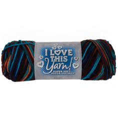 yarn that says i love this yarn in blue, red and orange colors on a white background