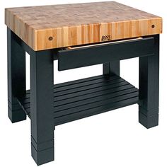 a butcher block table with two drawers on each side