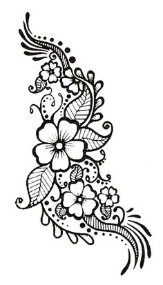 a gold henna tattoo design with flowers and leaves on the bottom half of it