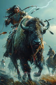 In a storm of power and spirit, a Native American warrior charges into battle atop a mighty bison, the sacred beast of the plains. Lightning cracks in the sky, reflecting the electric energy of the scene, as arrows fly and dust rises from the earth. This image captures the raw force of nature and the unbreakable bond between man and animal in the face of adversity. With fearless determination, this depiction evokes the warrior spirit that has echoed through generations, embodying courage, strength, and reverence for the natural world. Bison Hunting, White Bison, Native American Warrior, Native American Heritage, Powerful Images, The Warrior, Indigenous Culture, The Buffalo, Native American Culture