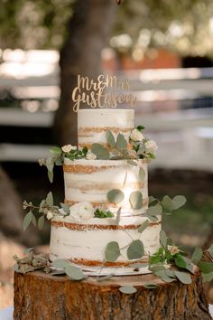 a wedding cake with greenery on top sits on a tree stump at the reception