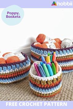 three baskets with crochet markers and balls of yarn in them on the floor