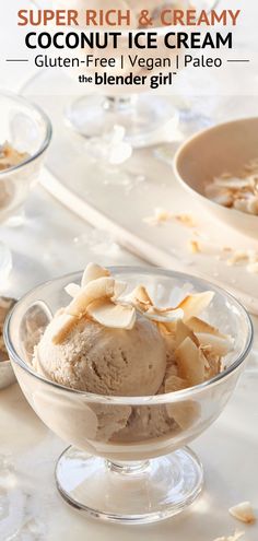 a bowl filled with ice cream next to another bowl full of bananas and almonds