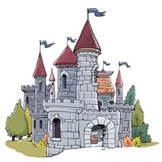 an illustration of a castle with flags flying in the wind and trees around it, on a white background