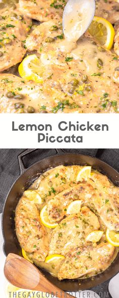 lemon chicken piccata in a skillet with the words lemon chicken piccata above it