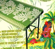 an advertisement for hawaiian products featuring a woman sitting under a table with flowers on it