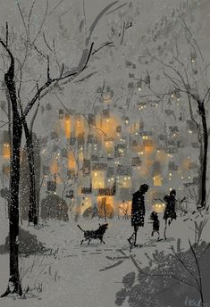 a painting of people walking in the snow at night