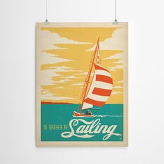 an old poster with a sailboat on the water