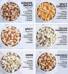 six different types of popcorn in bowls on a white counter top with the names of them