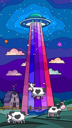 two cows are standing in front of an alien ship and the sky is filled with stars