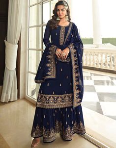 Shop the season’s best outfits only at Arabic attire!! Navy Blue Sharara style Suit Semi-Stitched Suits Shop the Collection: https://bit.ly/3K6Jj3Q Use Code : ARABIC21 and get 15% off on $150 + Purchase #arabicattire #trending #eid #muslimdress #fashion #suitdress #pantstyle #anarkali #palazzo #designer #salwaarkameez #buysalwarkameez #salwaardress #latestcollection Blue Sharara, Plazzo Suits, Designer Salwar Kameez, Latest Salwar Kameez, Sharara Suit, Salwar Kamiz, Indian Wedding Wear