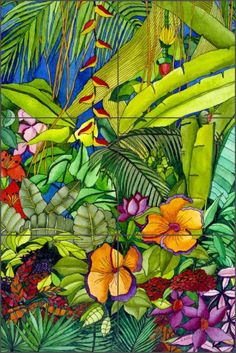 a painting of tropical plants and flowers