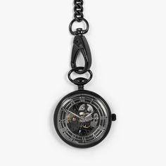 The extraordinary skeleton movement and inner mechanisms are showcased through a highly-polished glass case featuring 17 intricately placed jewels and made from brass with IP black coating. A built in safety mechanism ensures excessive winding will not damage the movement and each time the watch is fully winded, it will last for 30+ hours. Our pocket watch comes with a pocket chain finished with lobster clasps and a keyring loop to be worn in your pocket or stand alone. The perfect luxury gift t Metal Skeleton Dial Watch For Gift, Metal Skeleton Dial Watch As Gift, Metal Skeleton Dial Watch, Black Stainless Steel Timeless Watch Accessories, Timeless Black Stainless Steel Watch Accessories, Black Steampunk Watch With Skeleton Dial, Elegant Metal Watches With Skeleton Dial, Black Metal Dial Watch Accessories For Formal Occasions, Luxury Automatic Pocket Watch With Round Dial