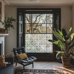 a living room filled with furniture and a large window next to a plant in a pot