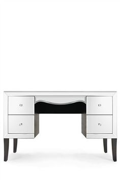 a white desk with two drawers and a black top