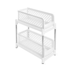 two tiered white plastic shelf with wheels