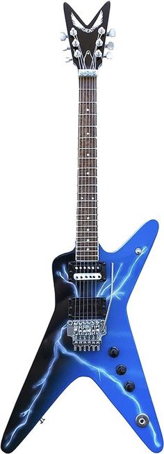 an electric guitar with blue and black paint