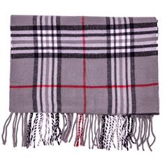 a gray and red plaid blanket with fringes on it's ends, against a white background