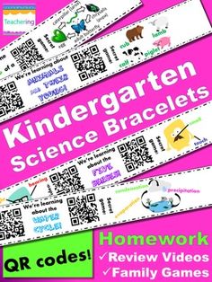 a pink background with qr code labels and text reading,'kindergarten homework bracelets '