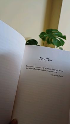 an open book sitting on top of a table next to a potted plant