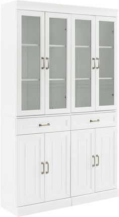 a white china cabinet with glass doors on the front and bottom shelves, both side by side