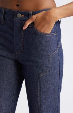 A chaps-like overlay adds some boy-howdy appeal to dark-rinsed jeans made from sturdy all-cotton nonstretch denim. 34 1/2" inseam; 18" leg opening; 9 1/2" front rise; 13 1/2" back rise Zip fly with button closure Five-pocket style 100% cotton Machine wash, tumble dry Made in the USA Black Owned/Founded Pockets Details, High Waist Wide Leg Jeans, Gender Inclusive, Denim Details, Denim Flares, High Cut, Fashion Details, Wide Leg Jeans, Leg Jeans