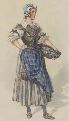 an old fashion drawing of a woman in blue and white striped dress with her hands on her hips