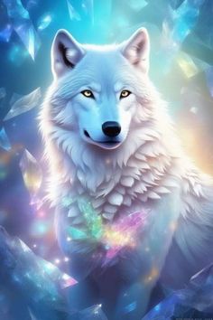 a white wolf with blue eyes standing in front of some ice crystals and looking at the camera