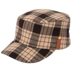 a brown and black plaid hat with a leather patch