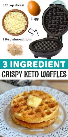 three different types of waffles on a plate with eggs and grated cheese