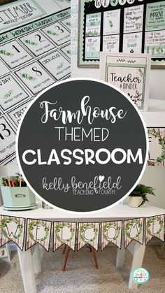 a classroom desk with the words farmhouse themed classroom written in black and white on it