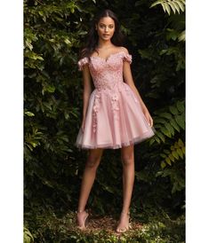 Blush Beaded & Floral Applique Off The Shoulder Cocktail Dress - Unique Vintage - Womens, DRESSES, PROM AND SPECIAL OCCASION Mid Length Grad Dresses, Dress For Graduation Day, Off Shoulder Tulle Dress, Tulle Short Dress, Floral Homecoming Dresses, Mini Gown, Cocktail Prom Dress, Evening Gala, Dama Dresses