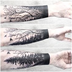 three different views of trees and birds in the sky with black ink on their arms