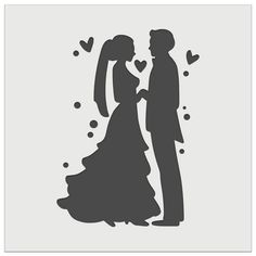 a bride and groom are silhouetted against a white background with hearts in the air