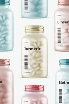 four jars with different types of vitamins in them, all labeled with the word turment