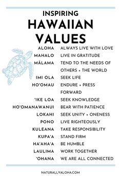 a poster with the words, inspiring hawaiian values