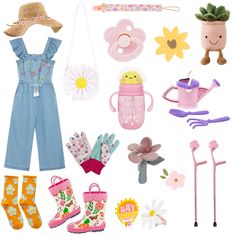 a doll's clothes and accessories are arranged on a white background, including boots, umbrellas, watering can, flower pot, gardening gloves, garden tools, sunflower