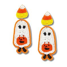 two orange and white beaded earrings with an image of a cartoon character on it