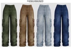 four different colored cargo pants with pockets