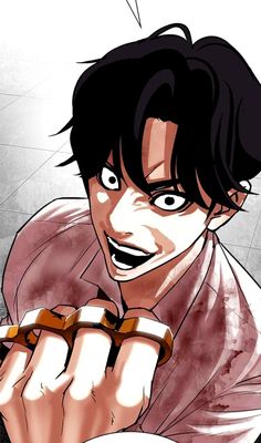 an anime character with black hair holding two rings in one hand and a speech bubble above his head