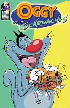 oggy and the cockroaches movie poster with cartoon character holding an object