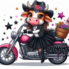 a cartoon cow wearing a black dress and hat on a motorcycle with flowers in the basket