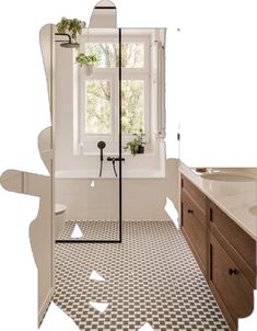 a bathroom with black and white checkered flooring next to a bathtub, sink and window