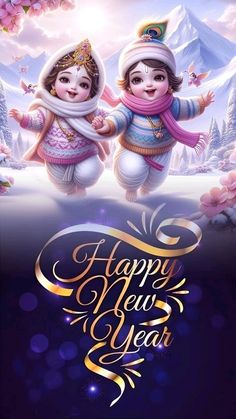 happy new year greeting card with two children